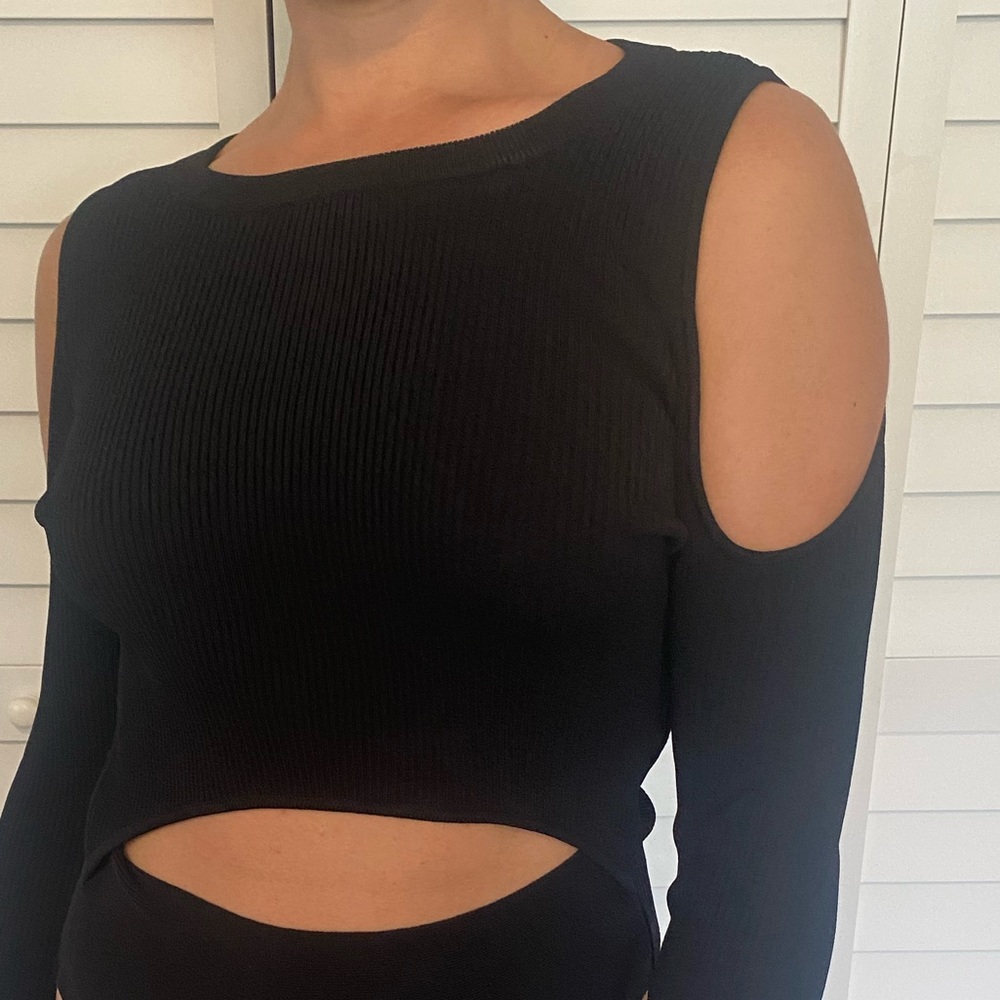 Scripted black open shoulder long sleeve